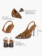 Leopard Print Pointed Toe Slingback Heels Retro Patent Leather Trim Stilettos for Night Out