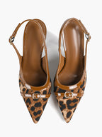 Leopard Print Pointed Toe Slingback Heels Retro Patent Leather Trim Stilettos for Night Out