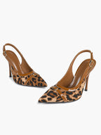 Leopard Print Pointed Toe Slingback Heels Retro Patent Leather Trim Stilettos for Night Out