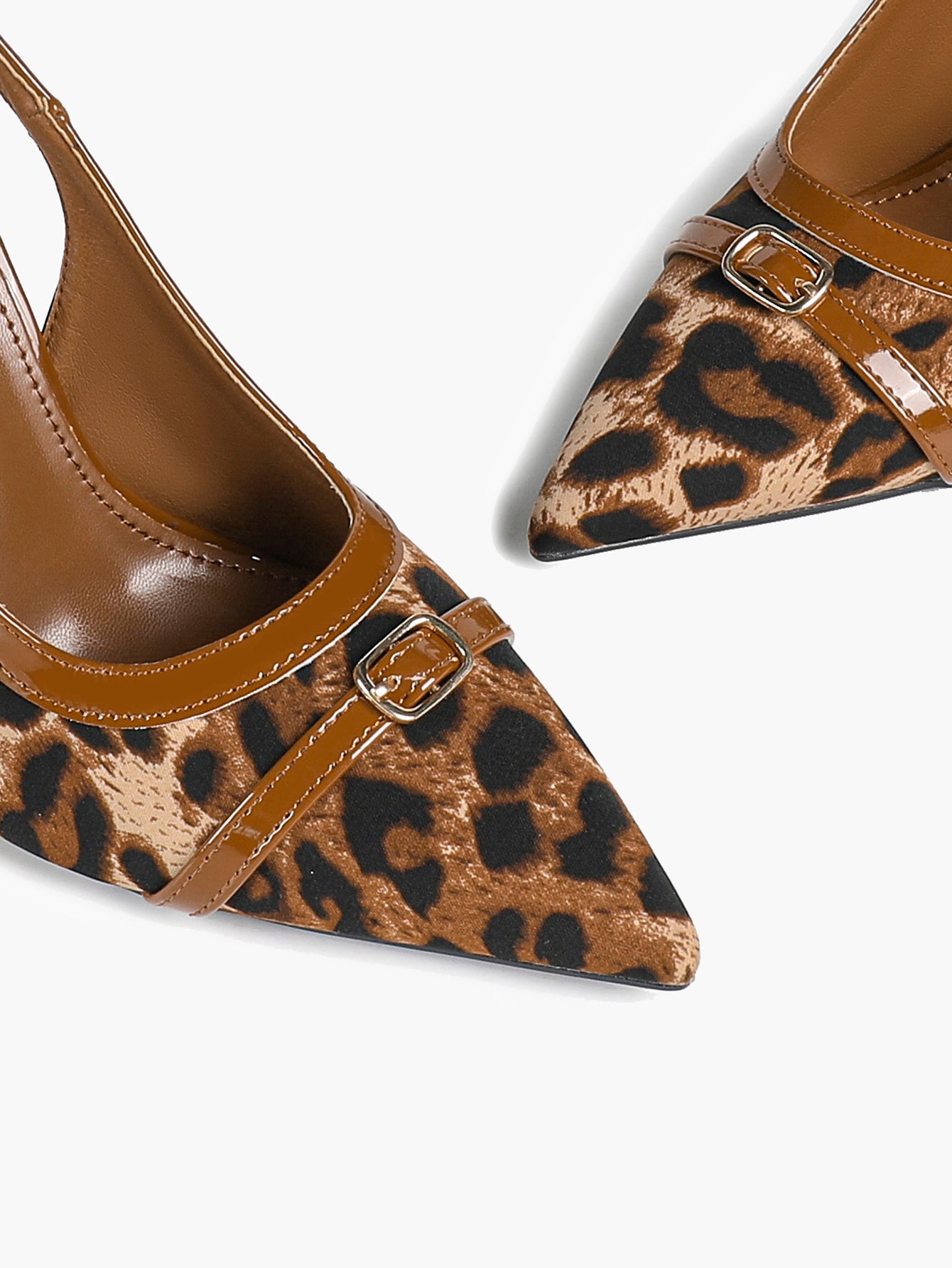 Leopard Print Pointed Toe Slingback Heels Retro Patent Leather Trim Stilettos for Night Out