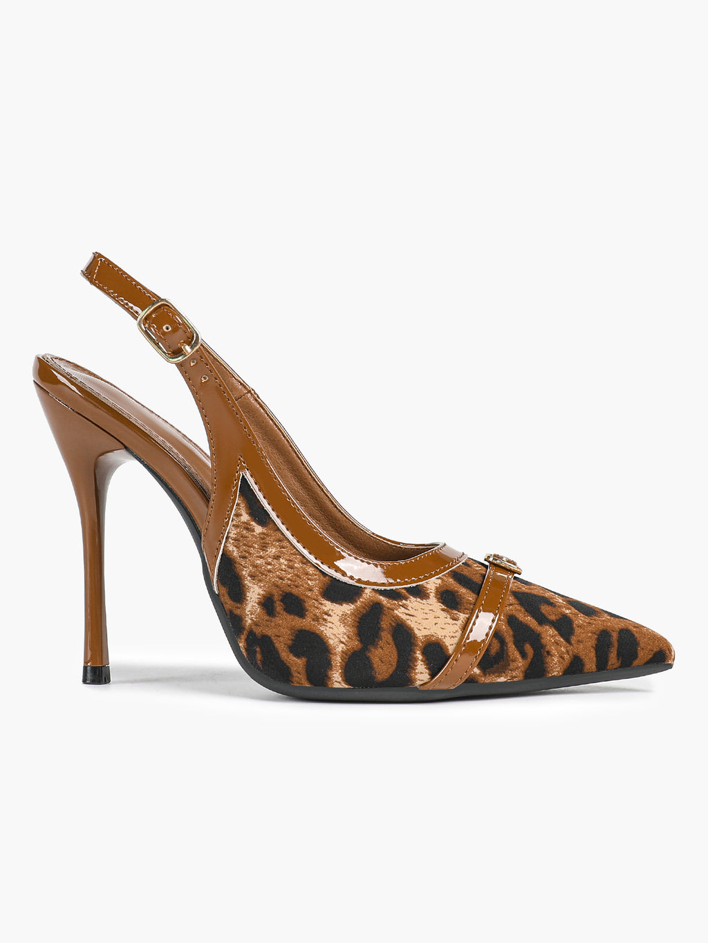 Leopard Print Pointed Toe Slingback Heels Retro Patent Leather Trim Stilettos for Night Out