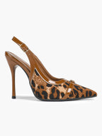 Leopard Print Pointed Toe Slingback Heels Retro Patent Leather Trim Stilettos for Night Out