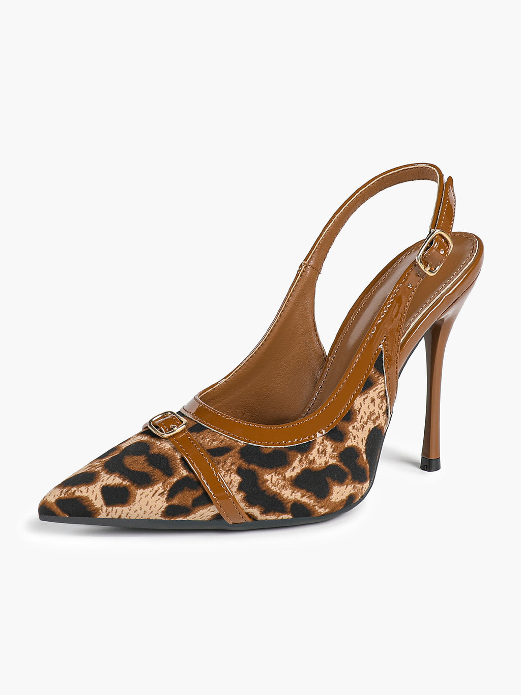 Leopard Print Pointed Toe Slingback Heels Retro Patent Leather Trim Stilettos for Night Out