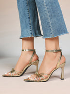 Gold Metallic Knotted Multi-Strap Open Toe Ankle Strap High Heel Sandals