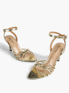 Gold Metallic Knotted Multi-Strap Open Toe Ankle Strap High Heel Sandals