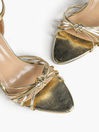 Gold Metallic Knotted Multi-Strap Open Toe Ankle Strap High Heel Sandals