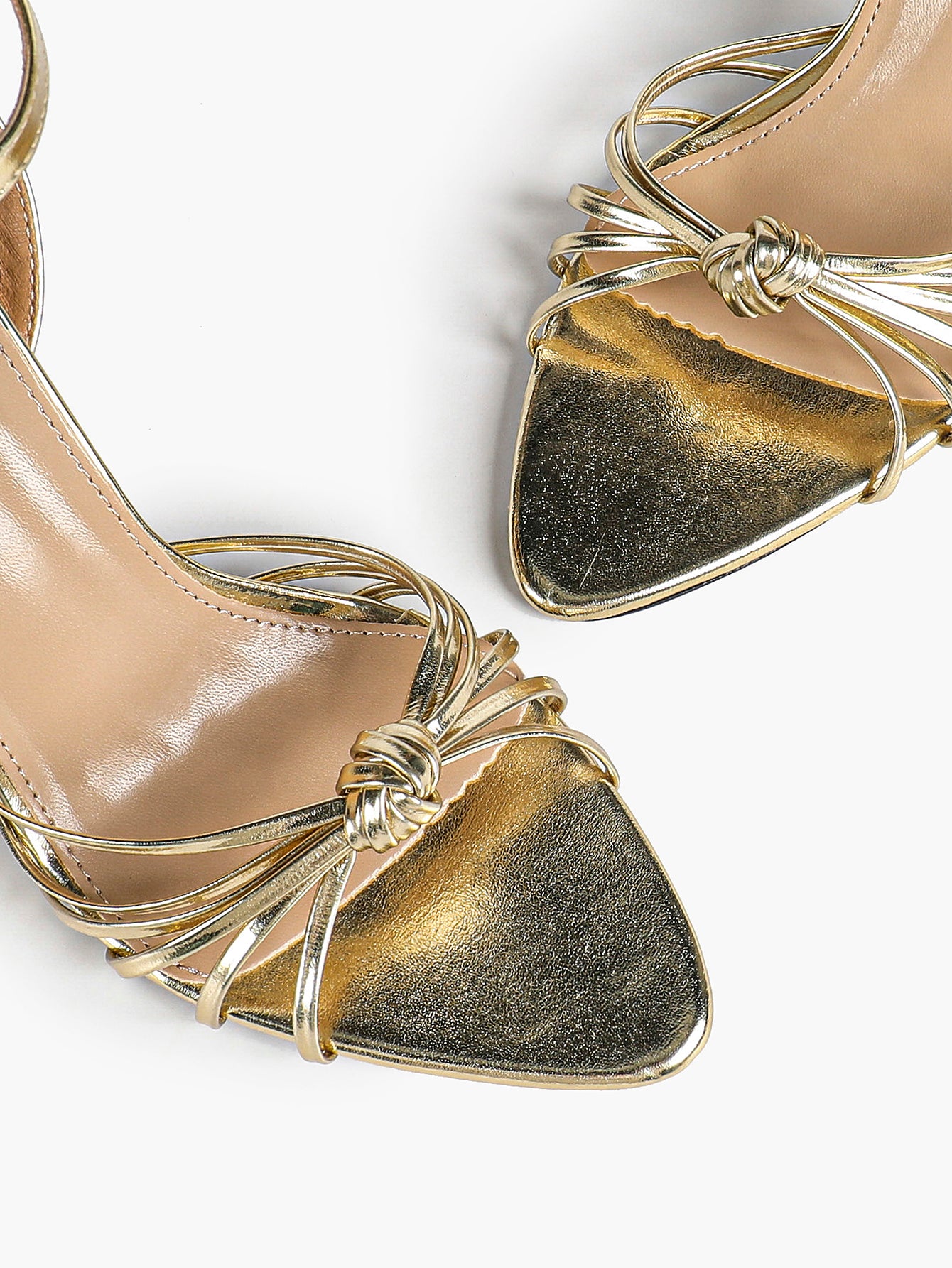 Gold Metallic Knotted Multi-Strap Open Toe Ankle Strap High Heel Sandals