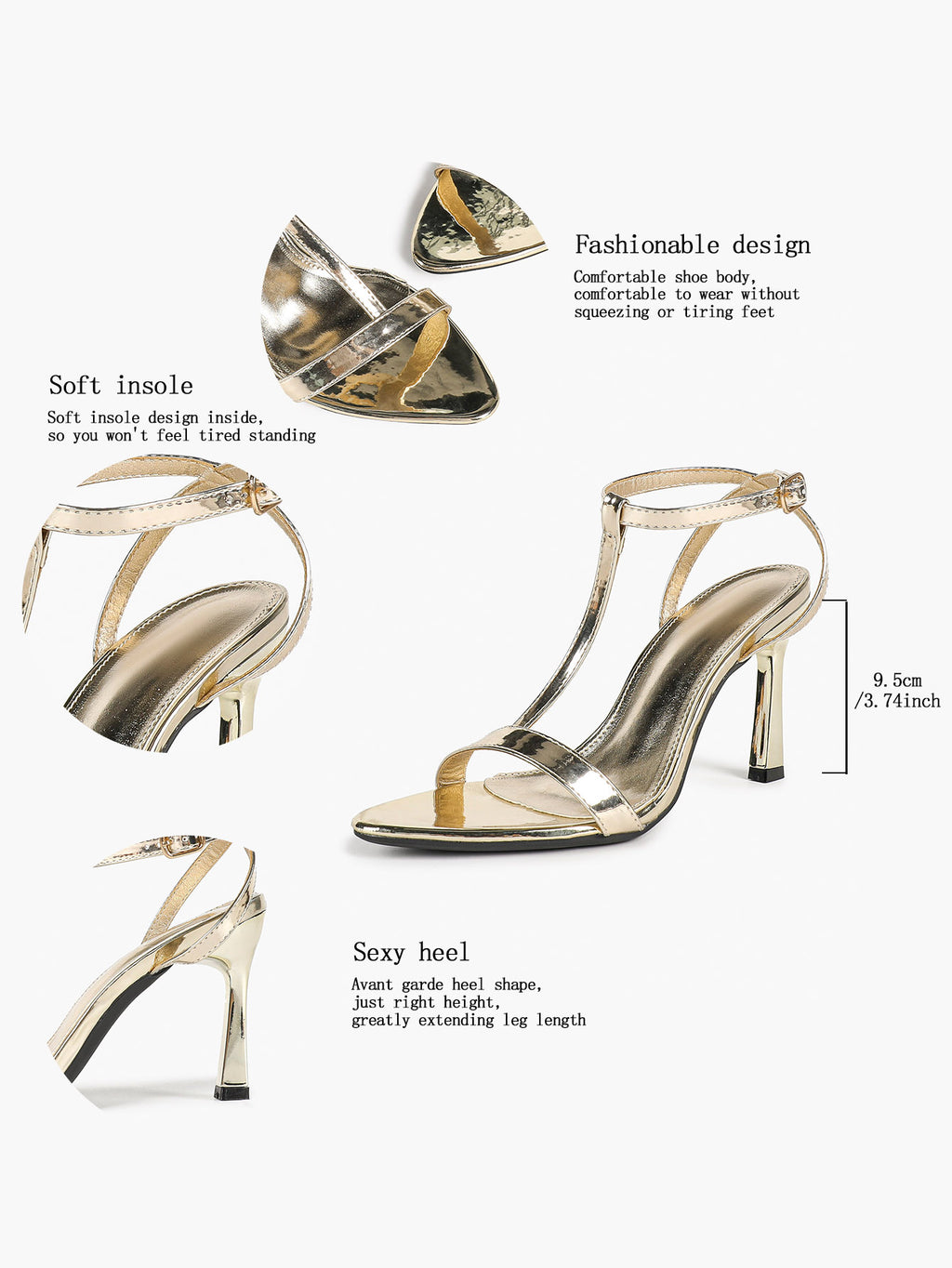Sun-Kissed Gold: Reflective Metallic T-Strap Sandals with a Stable 3.74" Heel