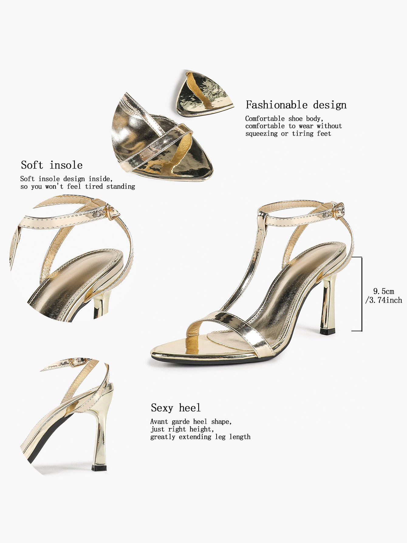 Sun-Kissed Gold: Reflective Metallic T-Strap Sandals with a Stable 3.74" Heel