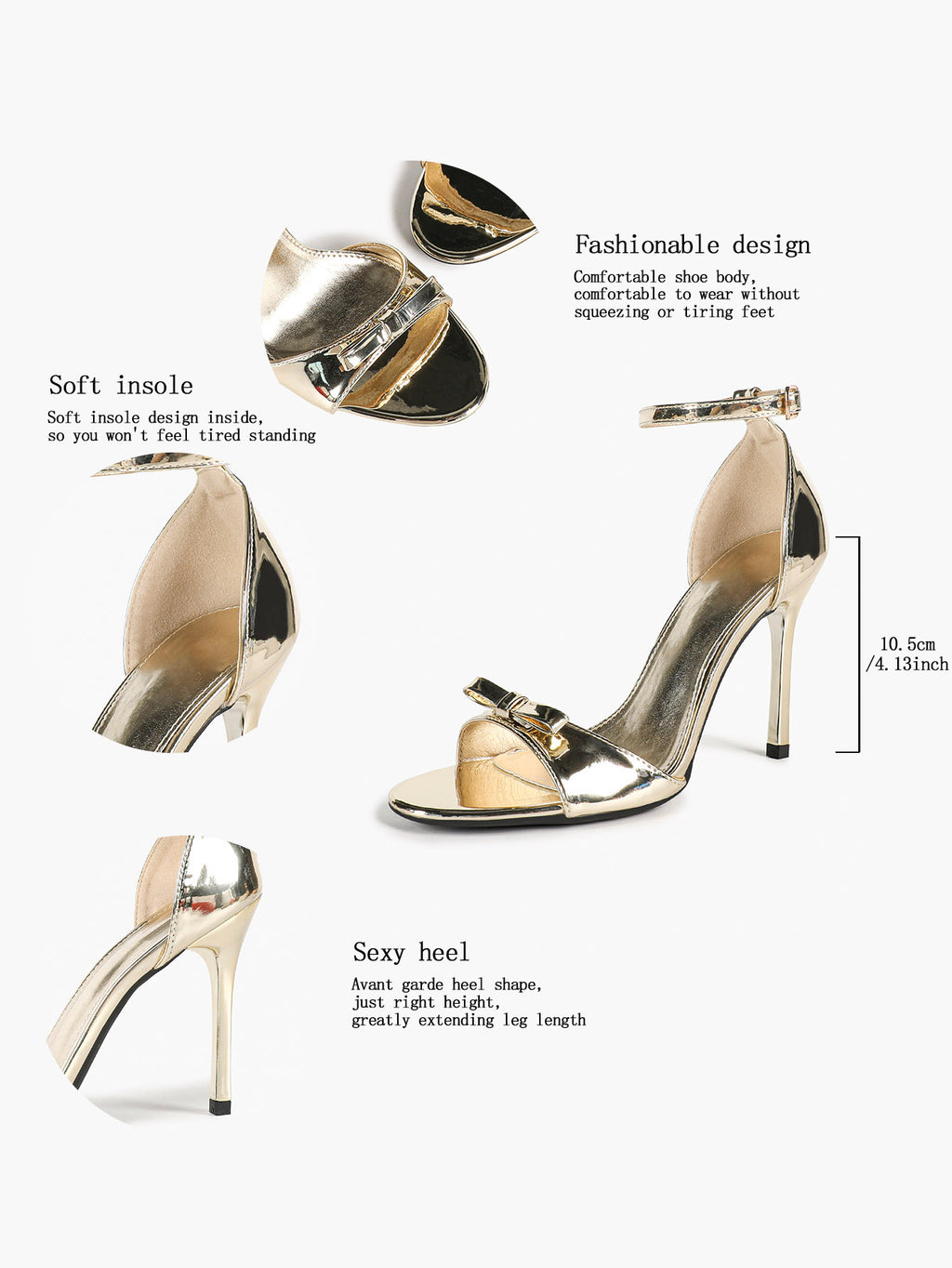 Gold Metallic Mirror-Finish Open Toe Ankle Strap Stilettos with Bow Detail High Heels