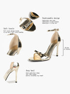 Gold Metallic Mirror-Finish Open Toe Ankle Strap Stilettos with Bow Detail High Heels