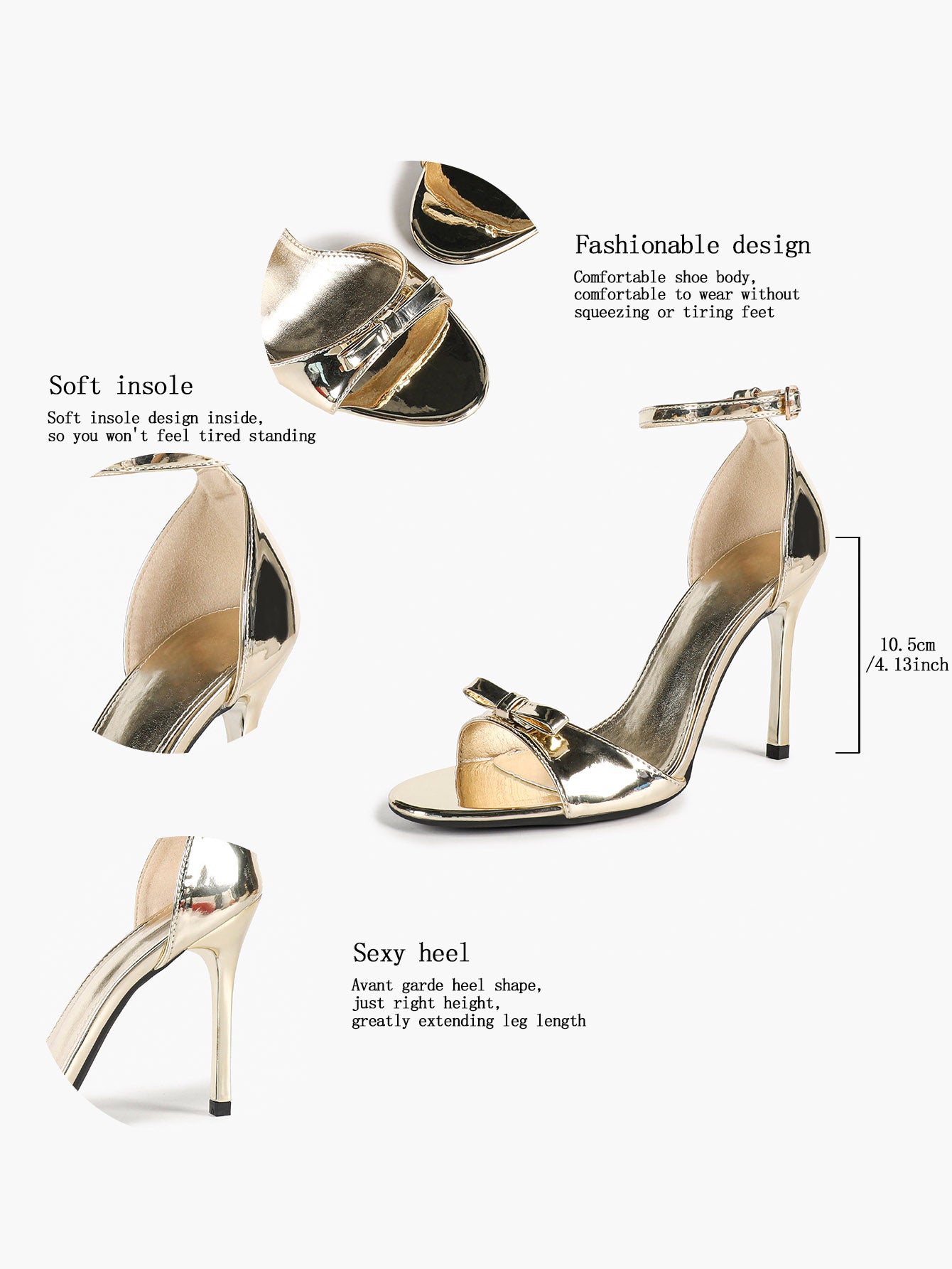 Gold Metallic Mirror-Finish Open Toe Ankle Strap Stilettos with Bow Detail High Heels