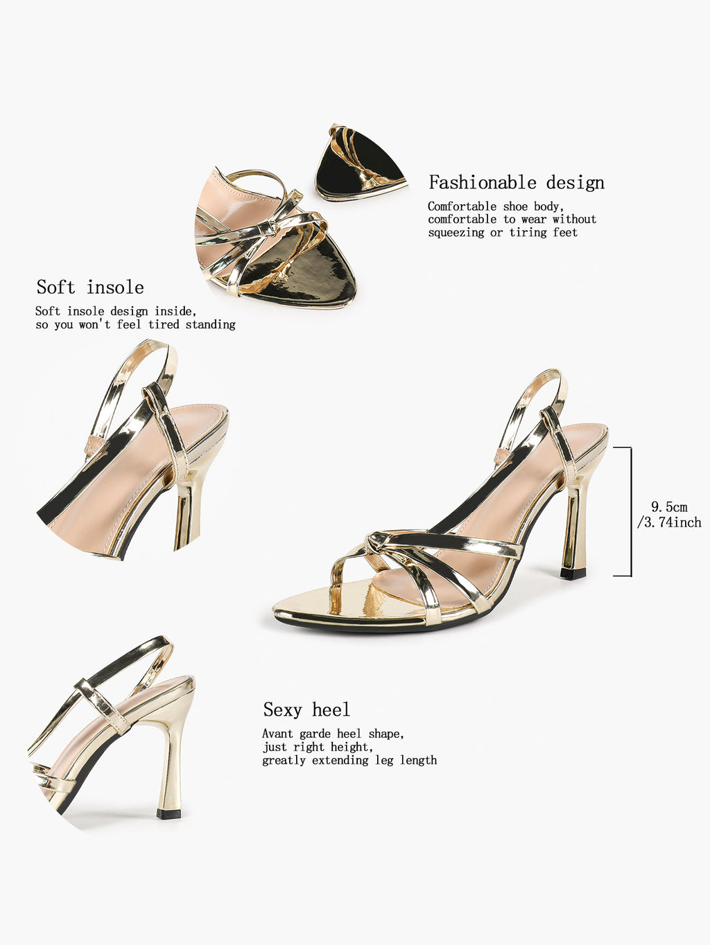 Gold Metallic Mirror-Finish Strappy Slingback Sandals Knotted Multi-Band Block Heels