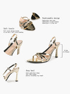 Gold Metallic Mirror-Finish Strappy Slingback Sandals Knotted Multi-Band Block Heels