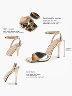 The Modernist Heel: Mirror Gold Square-Toe Ankle Strap Sandals with a 4.13" Stiletto