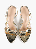 Gold Metallic Mirror-Finish Strappy Slingback Sandals Knotted Multi-Band Block Heels
