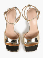 The Modernist Heel: Mirror Gold Square-Toe Ankle Strap Sandals with a 4.13" Stiletto