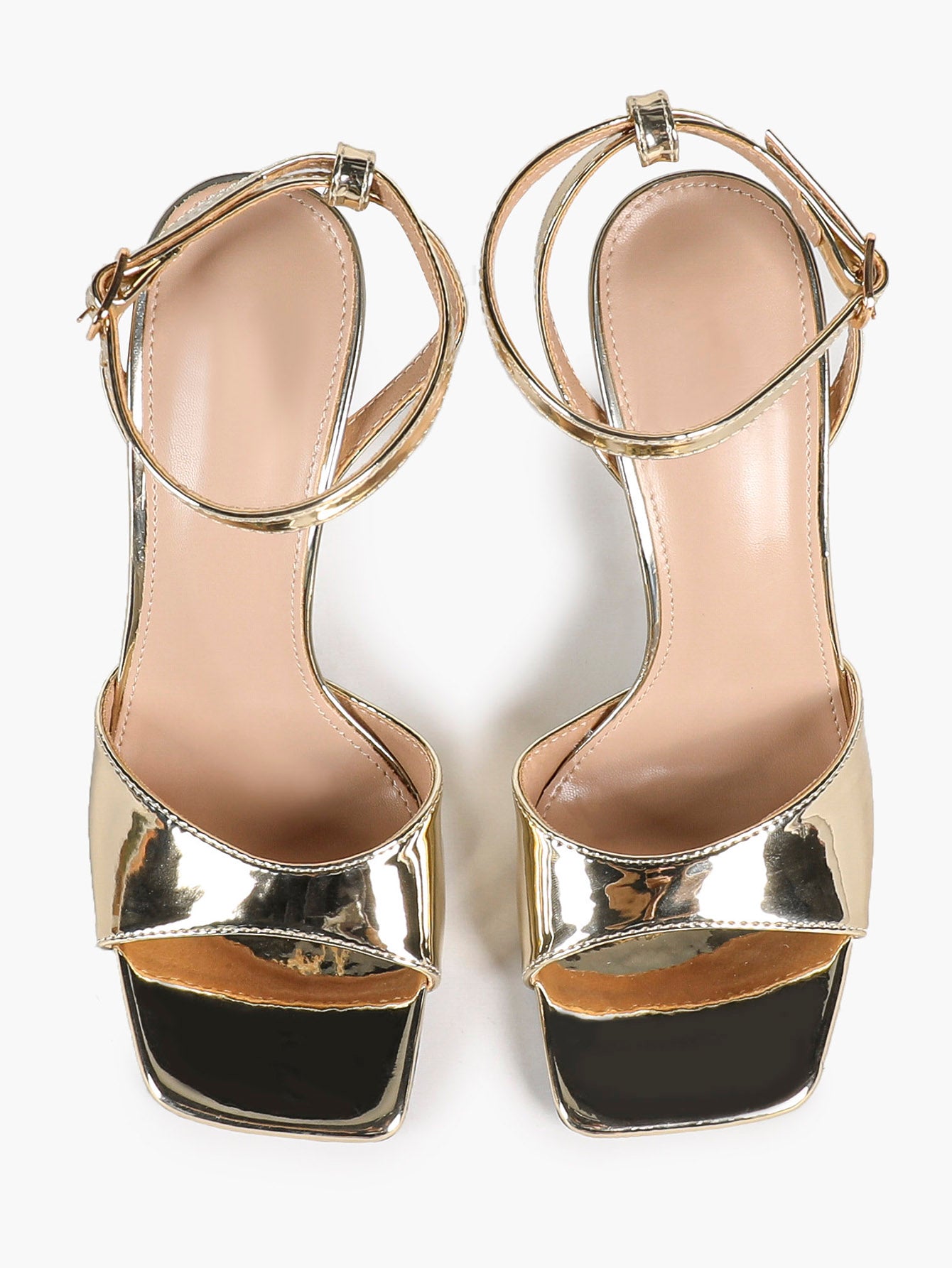 The Modernist Heel: Mirror Gold Square-Toe Ankle Strap Sandals with a 4.13" Stiletto