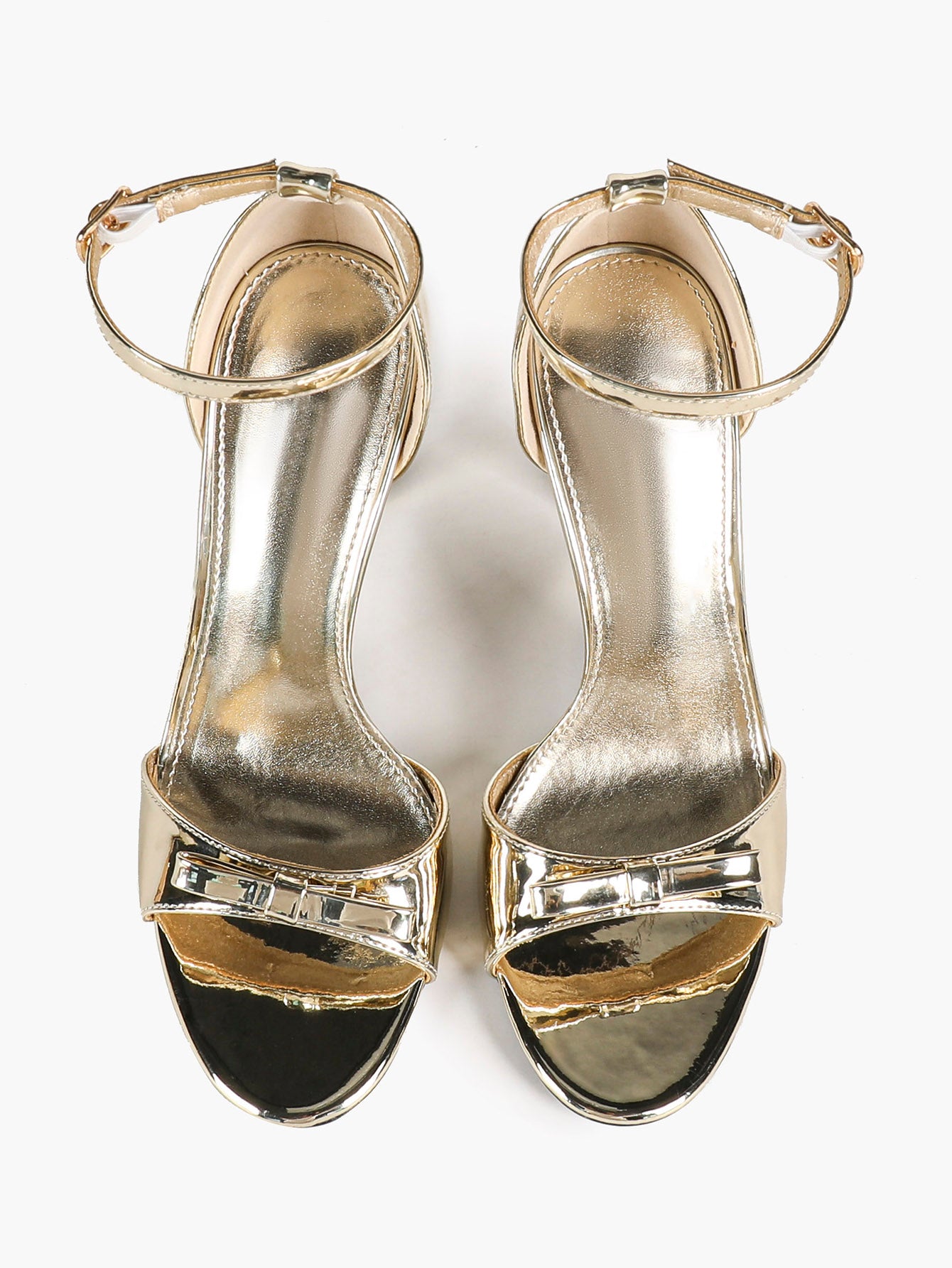 Gold Metallic Mirror-Finish Open Toe Ankle Strap Stilettos with Bow Detail High Heels