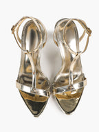 Sun-Kissed Gold: Reflective Metallic T-Strap Sandals with a Stable 3.74" Heel