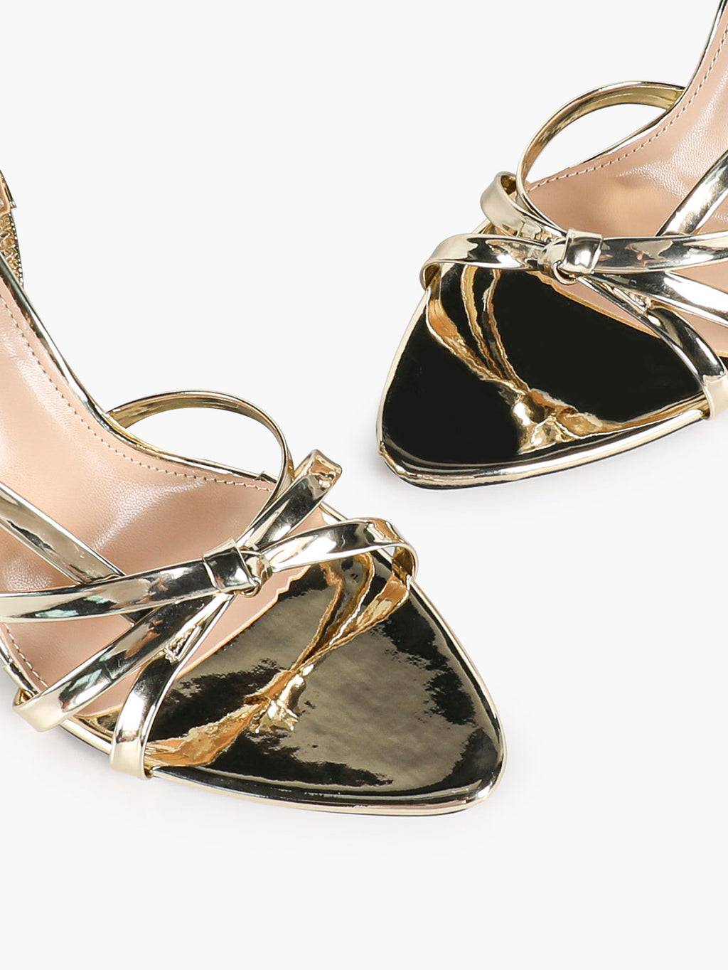 Gold Metallic Mirror-Finish Strappy Slingback Sandals Knotted Multi-Band Block Heels