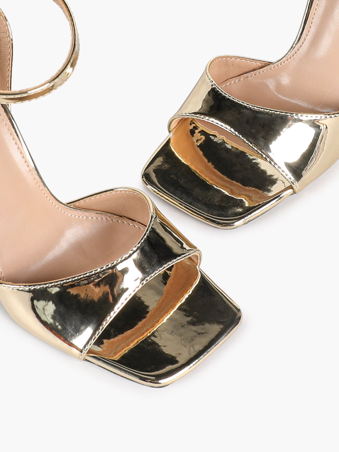 The Modernist Heel: Mirror Gold Square-Toe Ankle Strap Sandals with a 4.13" Stiletto