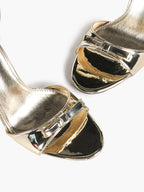 Gold Metallic Mirror-Finish Open Toe Ankle Strap Stilettos with Bow Detail High Heels