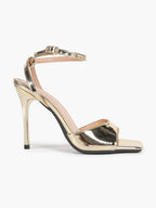 The Modernist Heel: Mirror Gold Square-Toe Ankle Strap Sandals with a 4.13" Stiletto