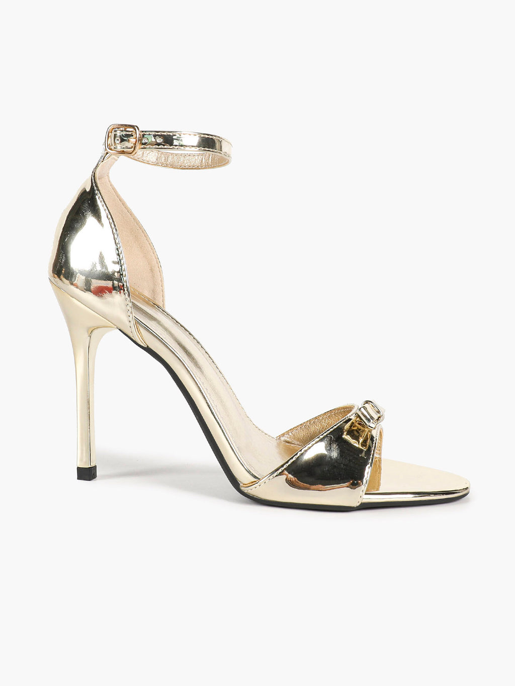 Gold Metallic Mirror-Finish Open Toe Ankle Strap Stilettos with Bow Detail High Heels