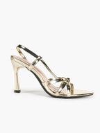 Gold Metallic Mirror-Finish Strappy Slingback Sandals Knotted Multi-Band Block Heels