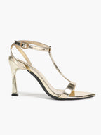 Sun-Kissed Gold: Reflective Metallic T-Strap Sandals with a Stable 3.74" Heel