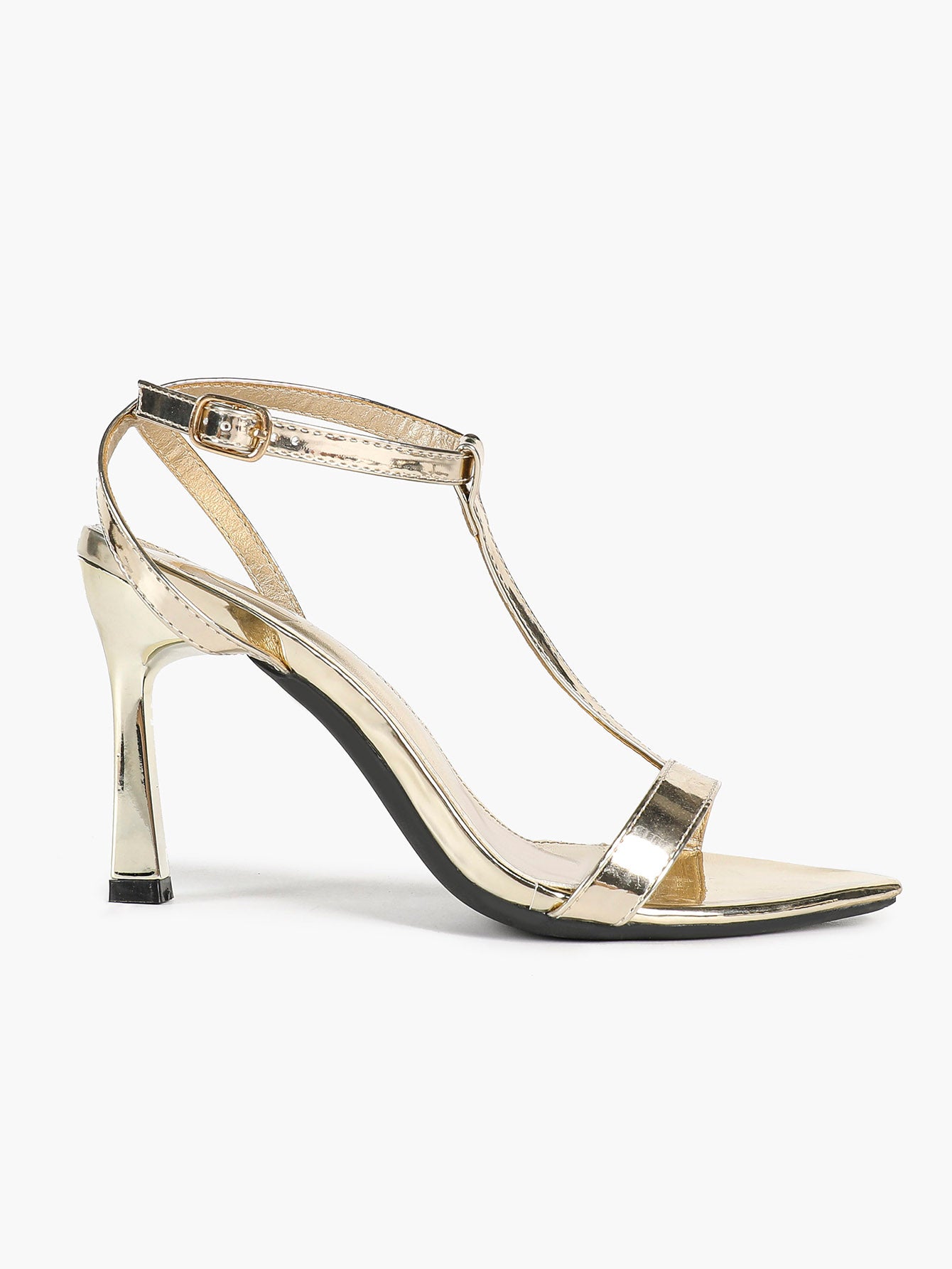 Sun-Kissed Gold: Reflective Metallic T-Strap Sandals with a Stable 3.74" Heel