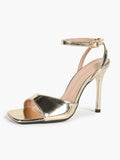 The Modernist Heel: Mirror Gold Square-Toe Ankle Strap Sandals with a 4.13" Stiletto