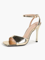The Modernist Heel: Mirror Gold Square-Toe Ankle Strap Sandals with a 4.13" Stiletto