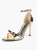 Gold Metallic Mirror-Finish Open Toe Ankle Strap Stilettos with Bow Detail High Heels