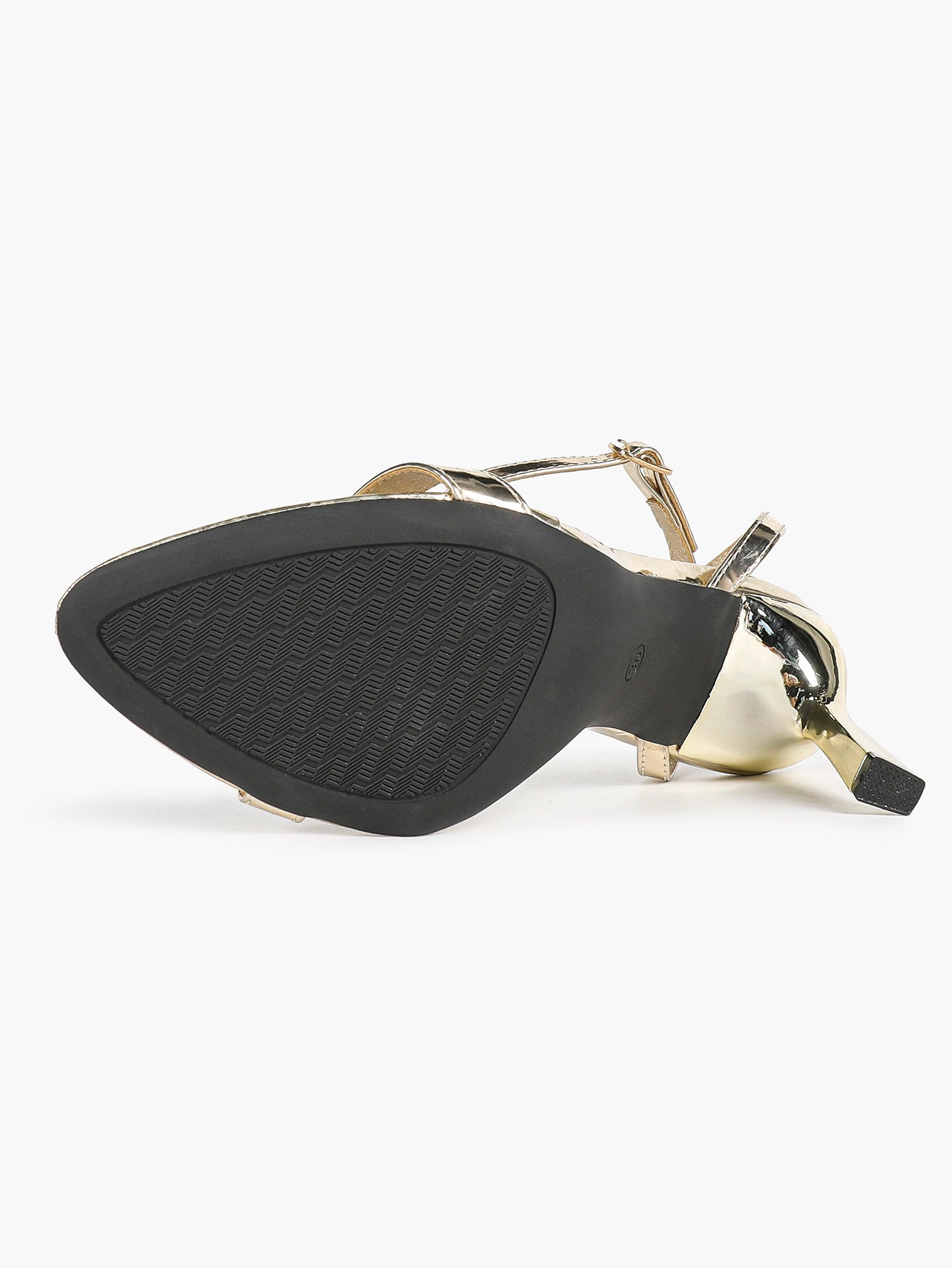 Sun-Kissed Gold: Reflective Metallic T-Strap Sandals with a Stable 3.74" Heel