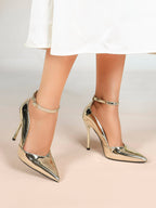 Gold Metallic Pointed Toe Stiletto Pumps Ankle Strap High Heels Formal Evening Shoes  Clubwear