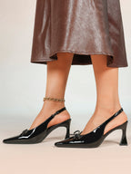 Pointed Toe Flared Heel Pumps Bow Detail Slingback High Heels Daily Wear