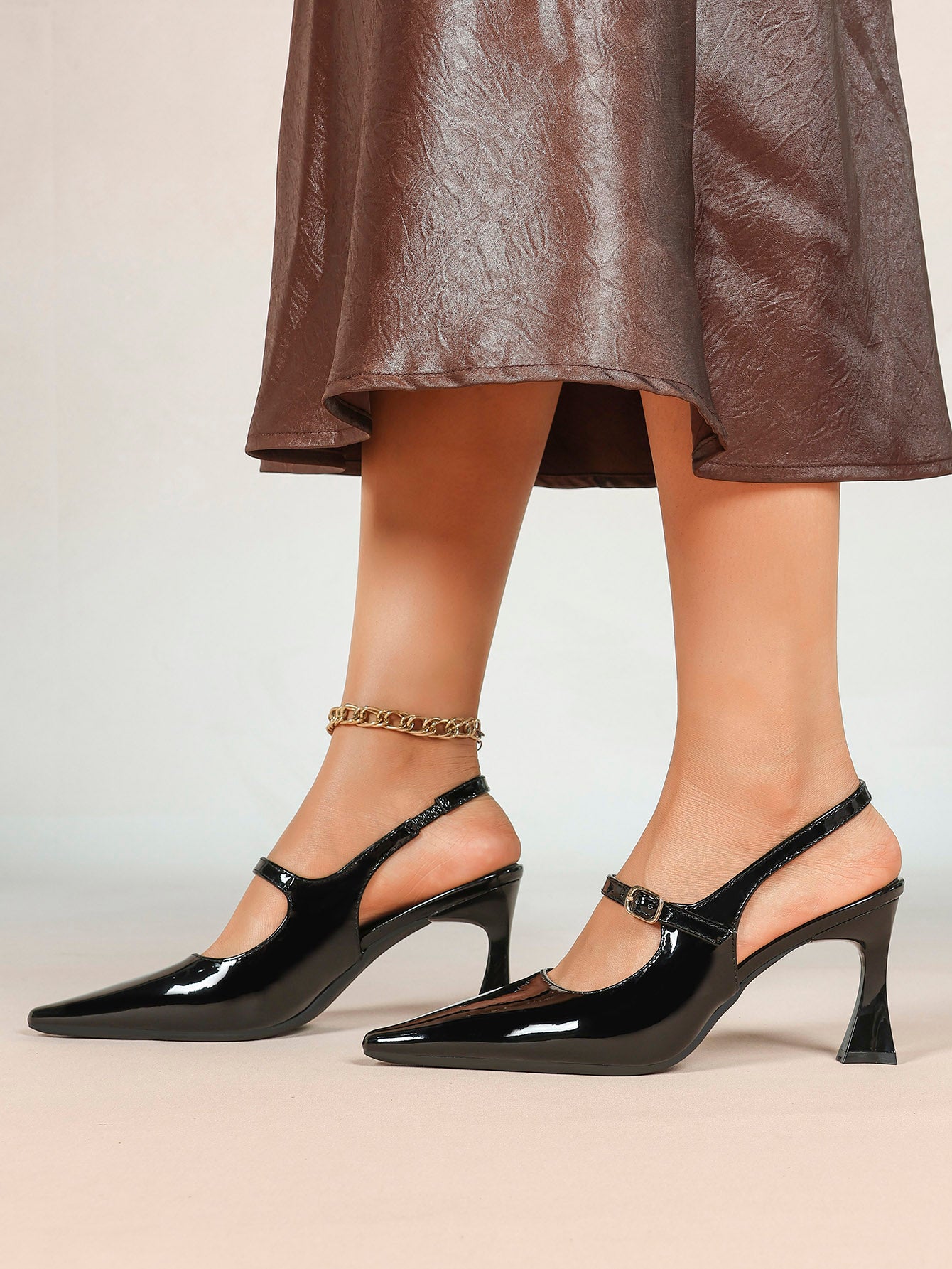 Women's Black Mary‑Jane Slingback Heels Pointed Toe High Heel Pumps