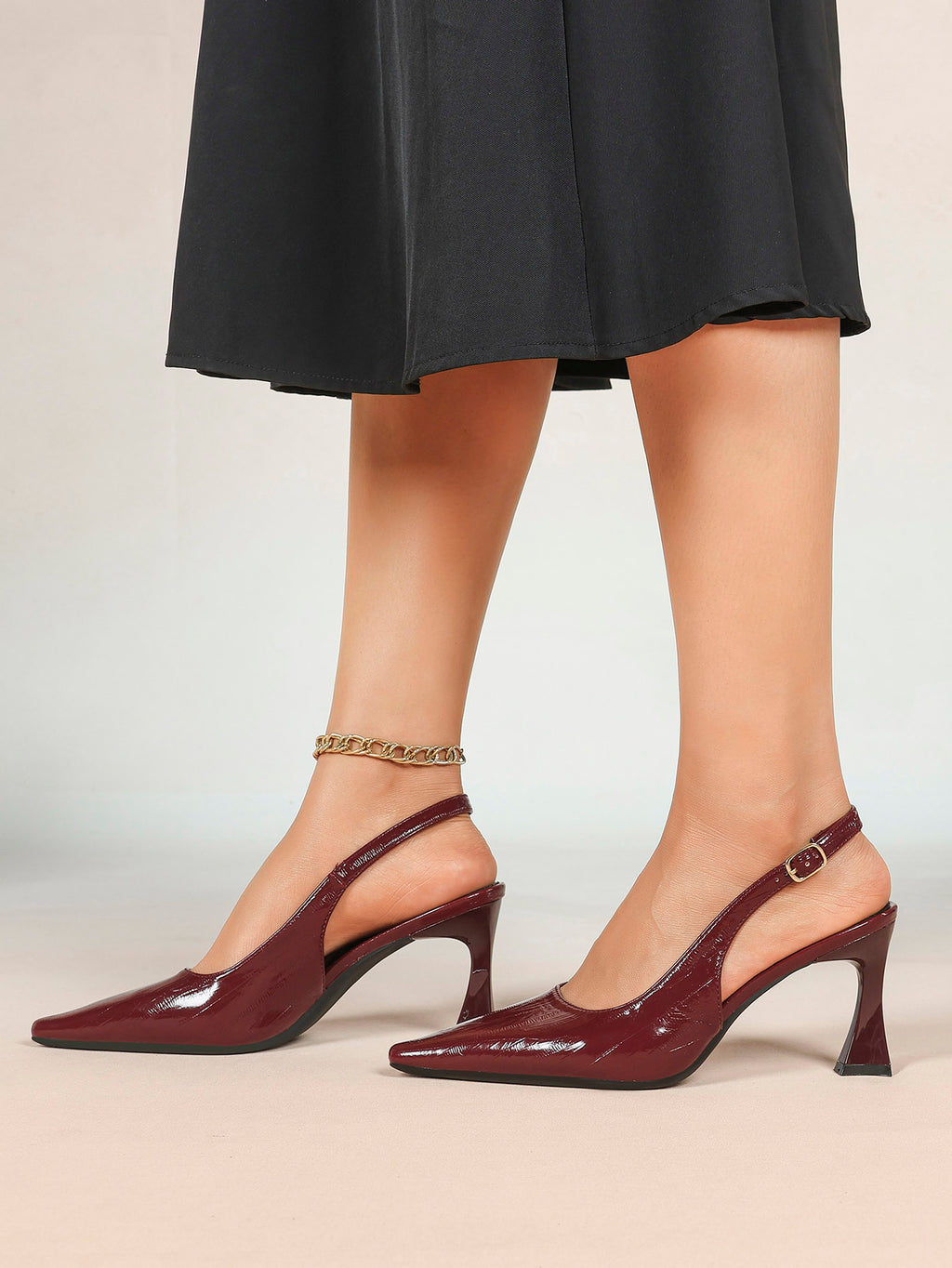 Burgundy Slingback Heels Pointed Toe Flared Heel Pumps Party Office Date Night
