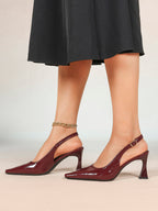 Burgundy Slingback Heels Pointed Toe Flared Heel Pumps Party Office Date Night