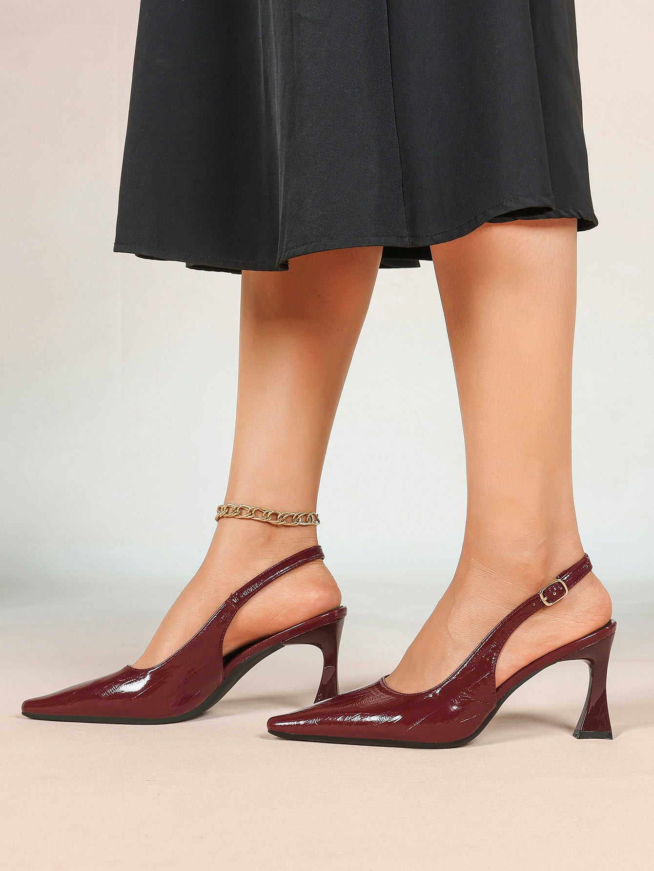 Burgundy Slingback Heels Pointed Toe Flared Heel Pumps Party Office Date Night