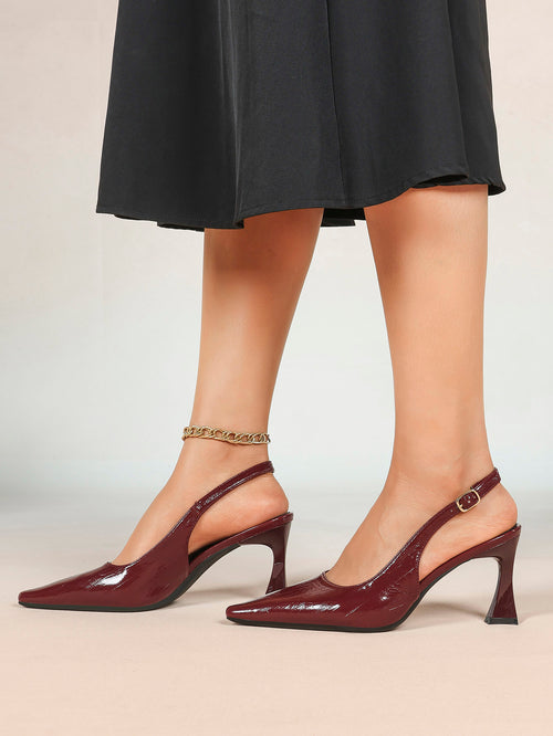 Burgundy Slingback Heels Pointed Toe Flared Heel Pumps Party Office Date Night