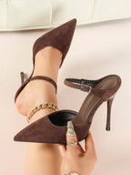 Pointed Toe Burgundy Side Cutout Stiletto Pumps Women Ankle Strap High Heels Evening Party