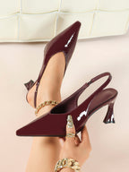 Burgundy Pointed Toe Flared Heel Pumps Slingback High Heels Evening Office Shoes