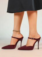 Pointed Toe Burgundy Side Cutout Stiletto Pumps Women Ankle Strap High Heels Evening Party