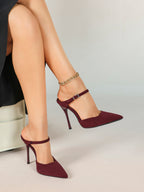 Pointed Toe Burgundy Side Cutout Stiletto Pumps Women Ankle Strap High Heels Evening Party