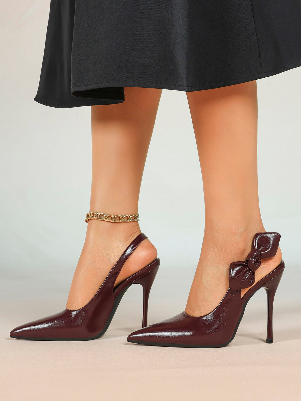 Burgundy Pointed Toe  Bow Slingback Heels Stiletto Shoes Evening Party Date