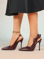 Burgundy Pointed Toe  Bow Slingback Heels Stiletto Shoes Evening Party Date