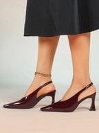 Burgundy Pointed Toe Flared Heel Pumps Slingback High Heels Evening Office Shoes